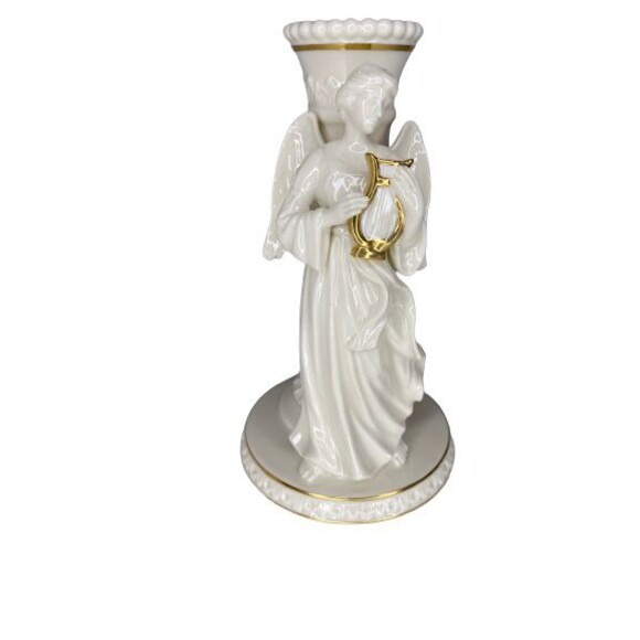 Lenox Other - Lenox Porcelain White Angel With Harp Candle Stick Holder And Gold Accents 6.75